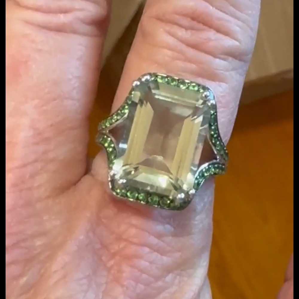 12 Carat Emerald Cut Prasiolite & Garnet Ring
